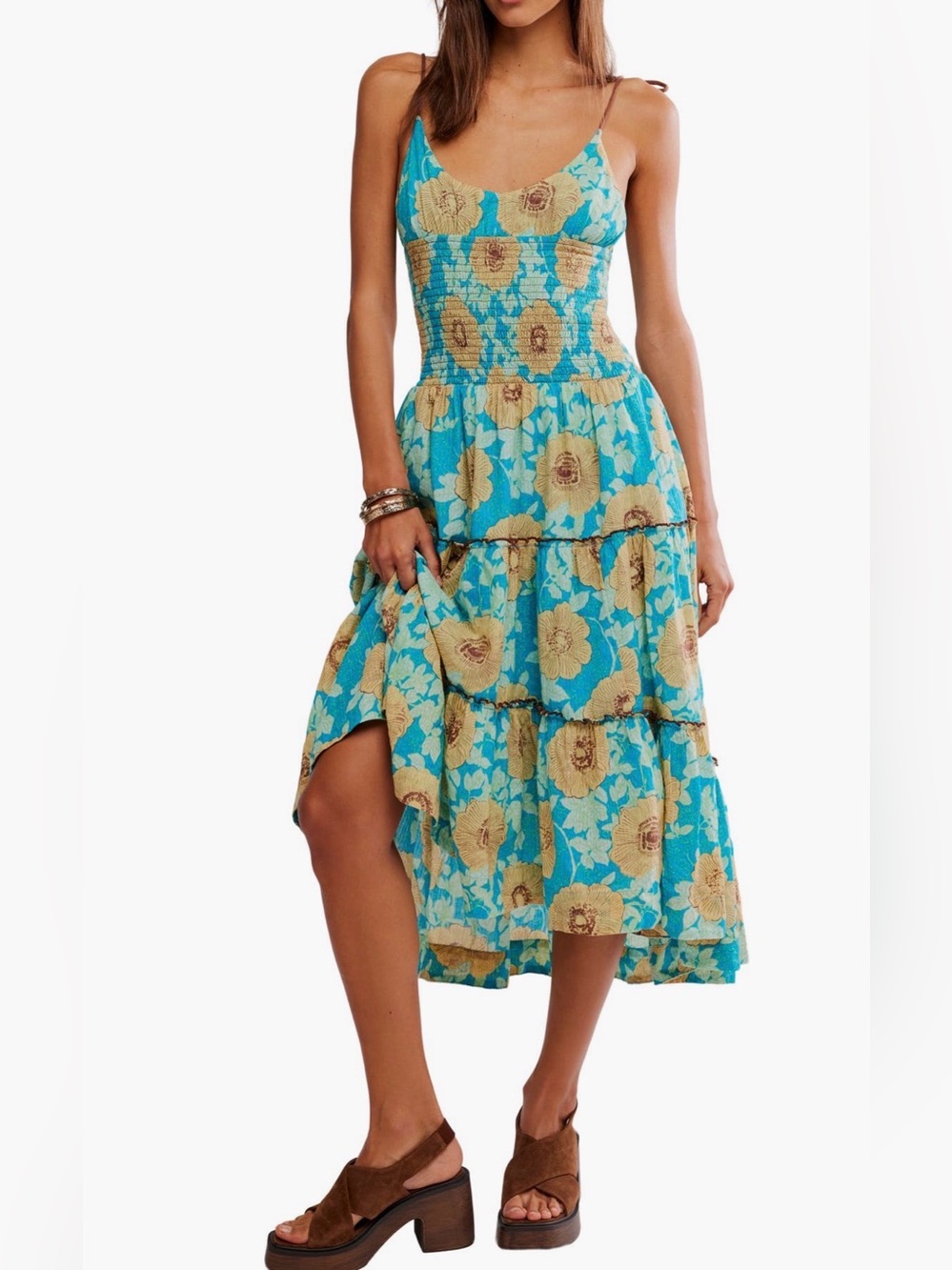 Free People Adriel  Tie Strap Floral Tiered Midi Dress with Smocked Bodice XL